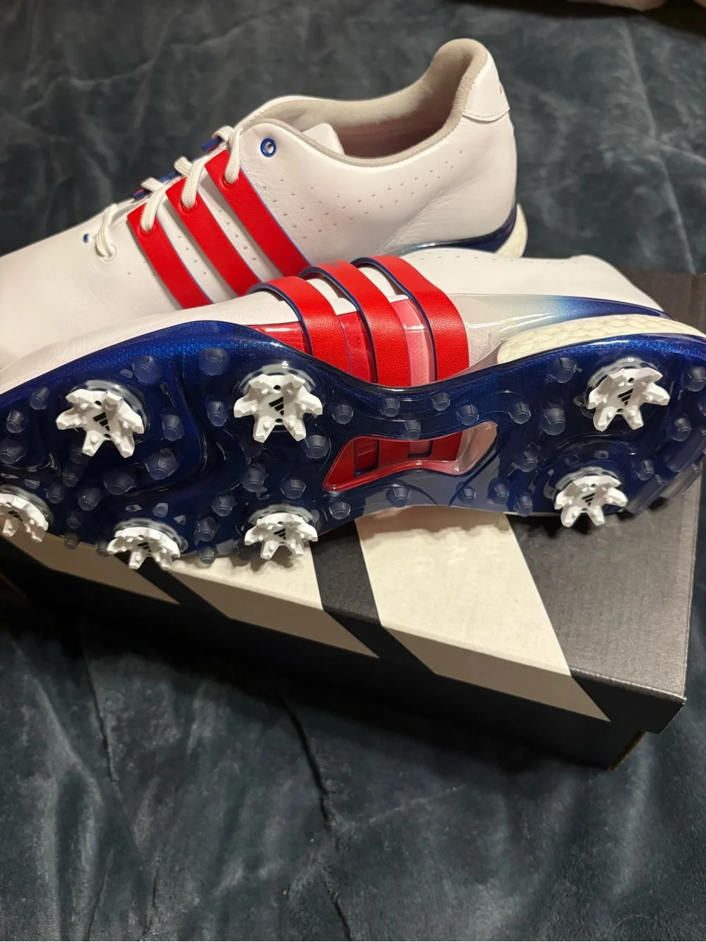 adidas White Sneakers with Red Three-Stripes and Blue Accents